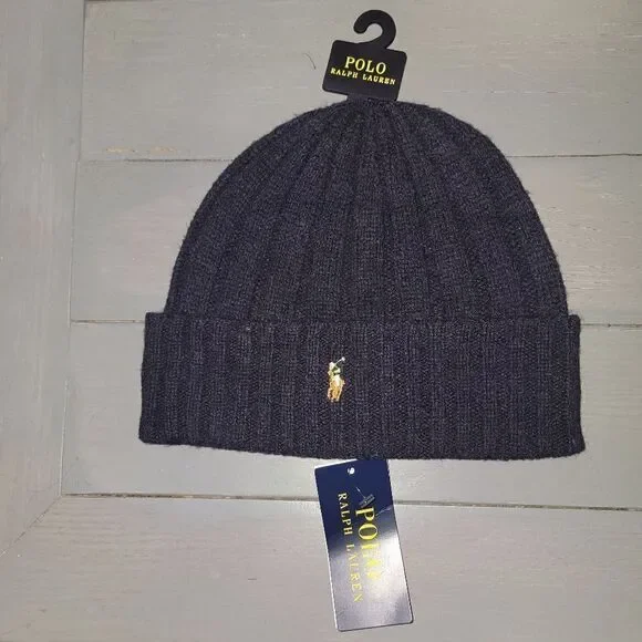 Polo Ralph Lauren Men's Wool Blend Beanie Hat Knit navy blue Embroidered logo - Picture 2 of 8